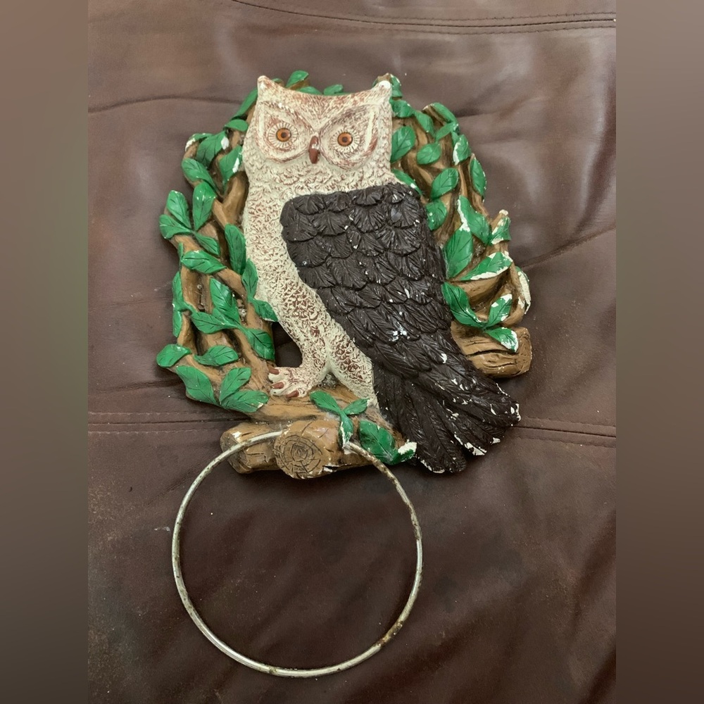 Vintage MCM Chalkware Owl Hand towel holder Kitschy 70’s core
